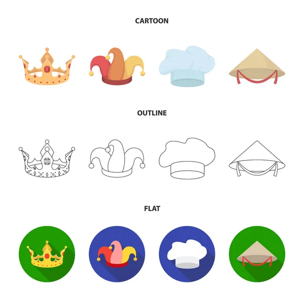 Corona, gorra de bufón, cocinero, cono. Sombreros conjunto colección iconos en dibujos animados, contorno, plano estilo vector símbolo stock ilustración web . — Archivo Imágenes Vectoriales