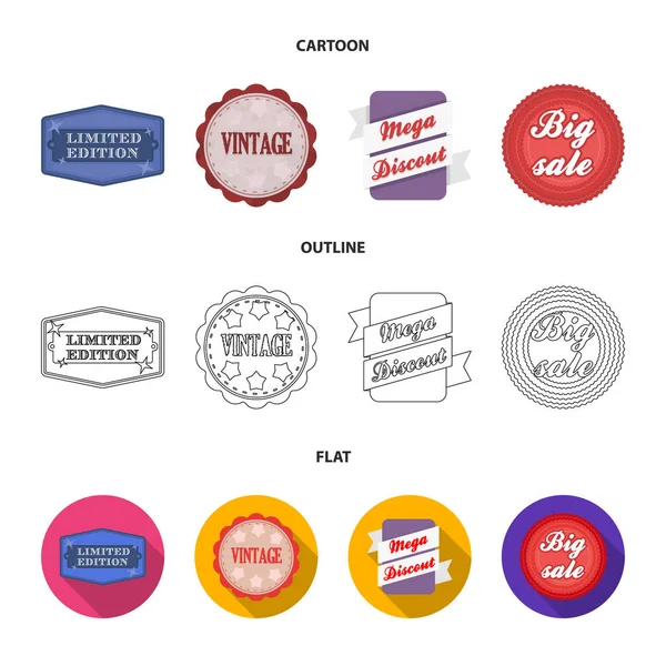 Sayılı seri, vintage, mega discont, kazmak Satılık. Etiket, çizgi film, anahat, düz stil vektör simge stok çizim web simgeler ayarlamak.