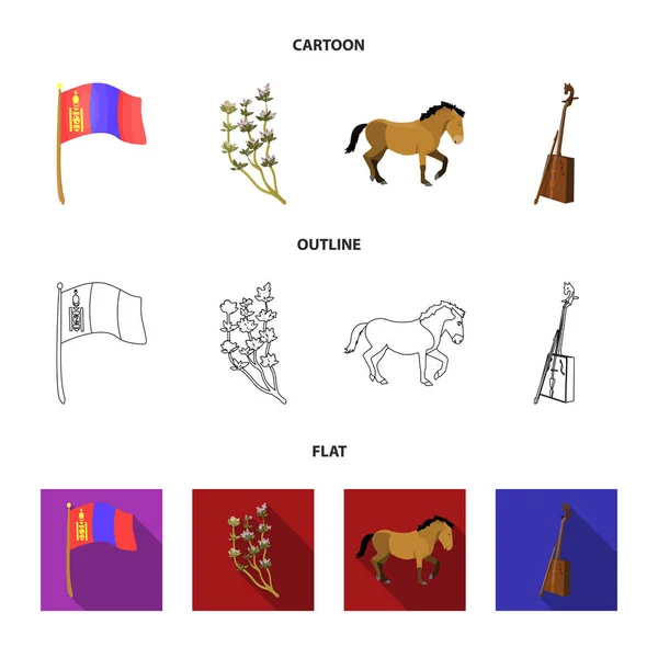 Bandera nacional, caballo, instrumento musical, planta esteparia. Mongolia conjunto de iconos de colección en dibujos animados, contorno, plano estilo vector símbolo stock ilustración web . — Archivo Imágenes Vectoriales
