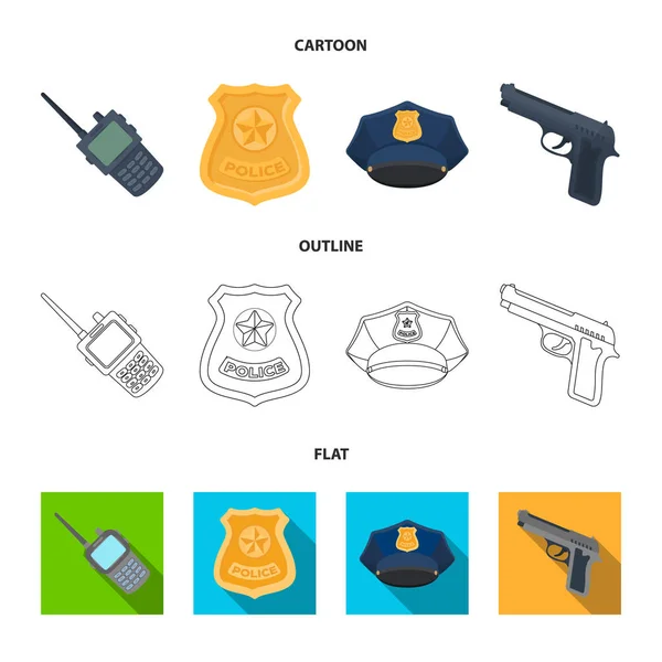 Radio, politieagent badge, uniforme GLB, pistool. Politie instellen collectie iconen in de tekenfilm, overzicht, vlakke stijl vector symbool stock illustratie web. — Stockvector