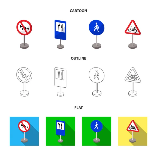 Diferentes tipos de señales de tráfico de dibujos animados, contorno, iconos planos en la colección de conjuntos para el diseño. Advertencia y prohibición signos vector símbolo stock web ilustración . — Archivo Imágenes Vectoriales