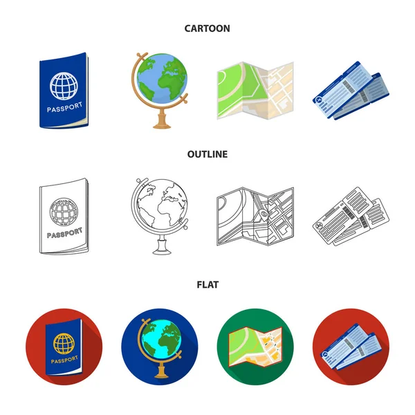 Отдых, путешествия, паспорт, глобус. Отдых и путешествия набор значки коллекции в мультфильме, контур, плоский стиль векторных символов фондового иллюстрации веб . — стоковый вектор