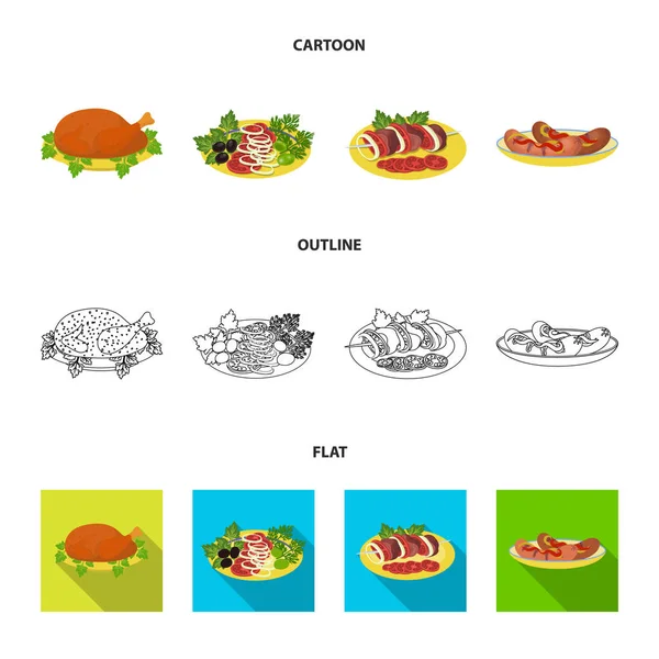 Σαλάτα λαχανικών, Σουβλάκι με λαχανικά, τηγανητό κοτόπουλο, τηγανητά λουκάνικα σε ένα πιάτο. Κουζίνας και τροφίμων συλλογή εικόνες που σε καρτουν, περίγραμμα, επίπεδη στυλ διάνυσμα σύμβολο μετοχής εικονογράφηση web. — Διανυσματικό Αρχείο