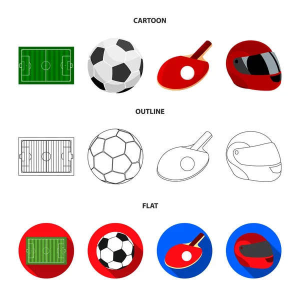 Feld, Stadion mit Markierungen zum Fußballspielen, Fußballball, Schläger mit Ball für Tischtennis, Schutzhelm für das Spiel, Handschuh für Baseball oder Rugby. Sport Set Sammlung Symbole in Cartoon — Stockvektor