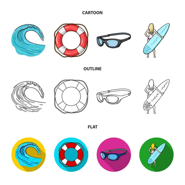 Mötande våg, life ring, skyddsglasögon, flicka surfing. Surfing som samling ikoner i tecknad, skissera, platt stil vektor symbol stock illustration web. — Stock vektor