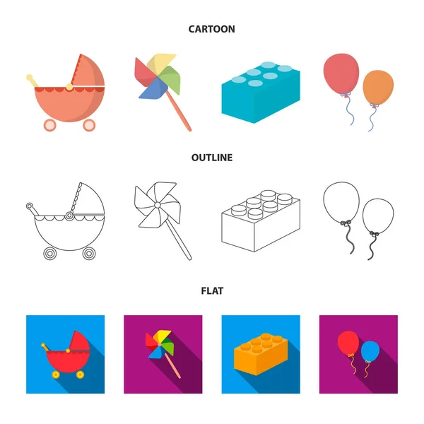 Kinderwagen, Windmühle, Lego, Luftballons. Spielzeug Set Sammlung Symbole in Cartoon, Umriss, flachen Stil Vektor Symbol Stock Illustration Web. — Stockvektor