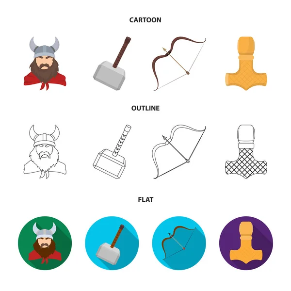 Vikingo en casco con cuernos, maza, arco con flecha, tesoro. Vikingos conjunto de iconos de colección en dibujos animados, contorno, plano estilo vector símbolo stock ilustración web . — Archivo Imágenes Vectoriales