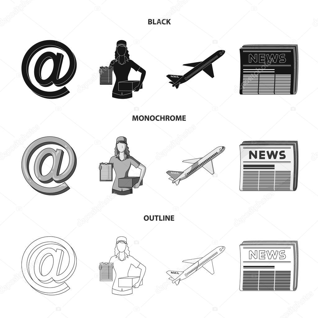 Email symbol, courier with parcel, postal airplane, pack of newspapers.Mail and postman set collection icons in black,monochrome,outline style vector symbol stock illustration web.