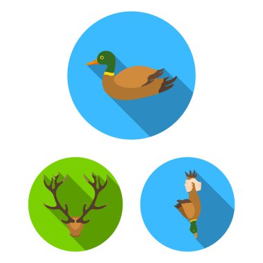 Düz set koleksiyonu tasarım için simgeleri Avcılık ve kupa. Avcılık ve ekipman sembol stok web illüstrasyon vektör.