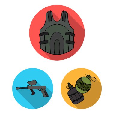 Paintball takım set koleksiyonu tasarım için oyun düz simgeler. Ekipman ve kıyafet sembol stok web illüstrasyon vektör.