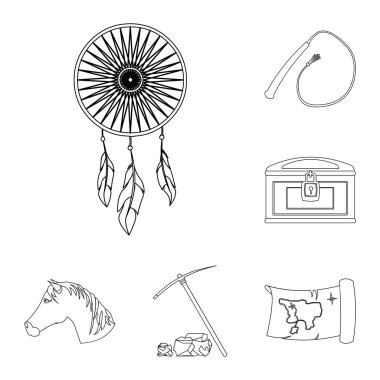 Vahşi Batı anahat simgeleri tasarım için küme toplama öznitelikleri. Texas ve Amerika sembol stok web illüstrasyon vektör.