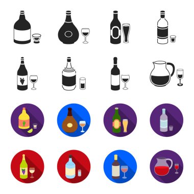 Beyaz şarap, kırmızı şarap, cin, sangria. Alkol toplama simgeler siyah, flet stil vektör simge stok çizim web içinde ayarla..
