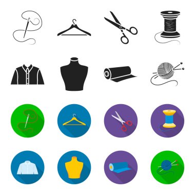 Bir gömlek, bir manken, bir rulo kumaş, konu ve örgü iğneleri bir top. Atelier toplama simgeler siyah, flet stil vektör simge stok çizim web içinde ayarla..