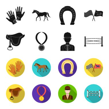 Eyer, madalya, şampiyon, kazanan. Hipodrom ve at toplama simgeler siyah, flet stil vektör simge stok çizim web ayarla.