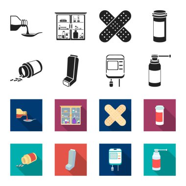 Tablet, ilaç, kan, sprey ile konteyner. İlaç toplama simgeler siyah, flet stil vektör simge stok çizim web içinde ayarla..