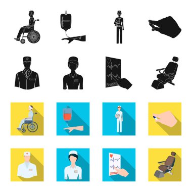 Uzman hekim, Hemşire, kalp, diş sandalye kardiyogram. Medicineset toplama simgeler siyah, flet stil vektör simge stok çizim web içinde.