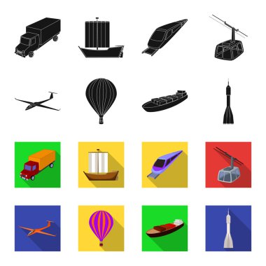 Bir dron, bir planör, bir balon, bir ulaşım mavna, bir uzay roketi taşıma modları. Taşıma kümesini simgeler siyah, flet stil vektör simge stok çizim web içinde.