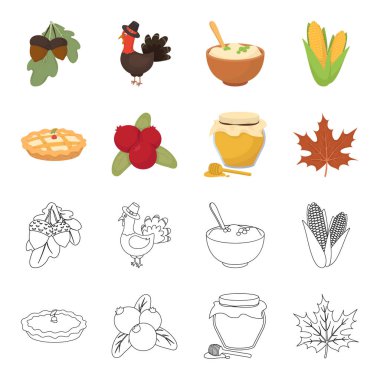 Kızılcık, kabak pasta, bal çömleği, akçaağaç yaprağı. Kanada Şükran günü toplama simgeler çizgi film, anahat stili vektör simge stok çizim web ayarla..