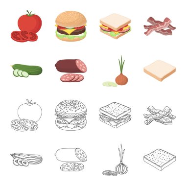 Burger ve malzemelerle çizgi film, set koleksiyonu tasarım için anahat simgeleri. Vektör simge stok web illüstrasyon pişirme Burger.