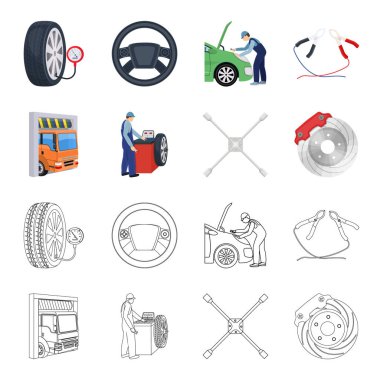 Çizgi film, set koleksiyonu tasarım için anahat simgelerini tekerlek Dengeleme, somun anahtarı ve fren disk. Araba bakım istasyonu vektör simge stok çizim web.