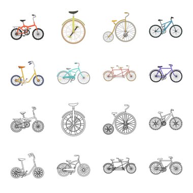 Çocuk Bisiklet, Çift kişilik bir tandem ve diğer türleri. Çizgi film, anahat stili vektör simge stok çizim web simgeler farklı bisiklet ayarla.