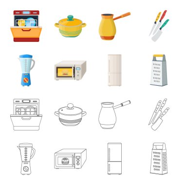 Mutfak ekipmanları çizgi film, set koleksiyonu tasarım için anahat simgeleri. Sembol stok web illüstrasyon vektör mutfak ve aksesuarları.