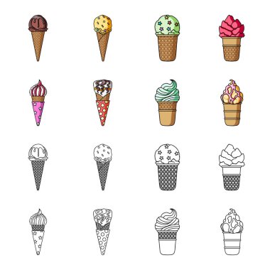 Bir gözleme koni ve diğer türler bir sopa dondurma. Dondurma toplama simgeler çizgi film, anahat stili vektör simge stok çizim web ayarla..