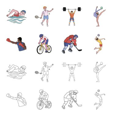 Bisiklet, boks, basketbol, voleybol. Olimpik Spor çizgi film, anahat stili vektör simge stok çizim web simgeler ayarla.