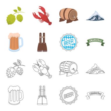 Şort pantolon askısı, bir bardak bira, bir işaret, bir amblem. Oktoberfest toplama simgeler çizgi film, anahat stili vektör simge stok çizim web ayarla..
