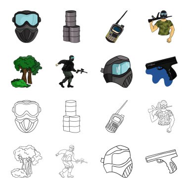 Maske, silah, boya, stok. Paintball toplama simgeler çizgi film, anahat stili vektör simge stok çizim web ayarla..