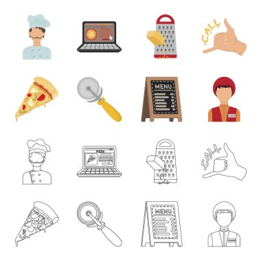 Bir pizza kesici, bir dilim, bir menüde bir pizzacı, bir kurye. Pizza ve pizza çizgi film, anahat stili vektör simge stok çizim web simgeler ayarla.
