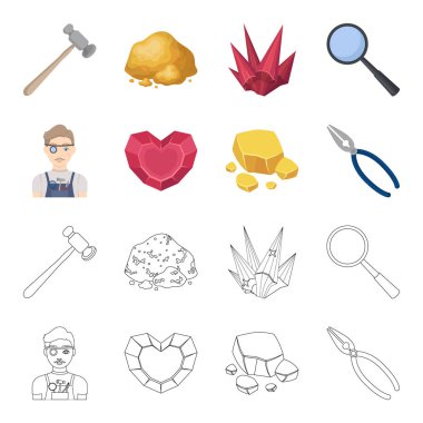 Kuyumcu, pense, altın cevheri, kalp şeklinde lal. Değerli mineraller ve kuyumcu çizgi film, anahat stili vektör simge stok çizim web simgeler ayarla.