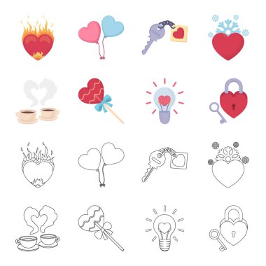 Bardak kahve, Sevgililer, lamba, anahtar ile kilidi. Romantik karikatür, anahat stili vektör simge stok çizim web simgeler ayarla.