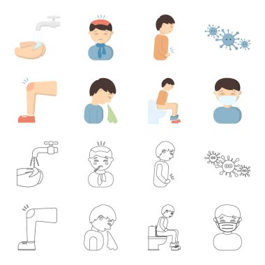 Bir ayak ile tıbbi maskeli bir adam tuvalette, oturan bir adam hasta, hapşırma diz, bir çürük. Çizgi film, anahat stili vektör simge stok çizim web hasta küme koleksiyon simgeler.