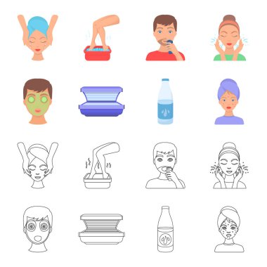 Yüz maskesi, Solaryum, şişe ts lasenom, yüzünde sivilce. Cilt Bakımı toplama simgeler çizgi film, anahat stili vektör simge stok çizim web ayarla..