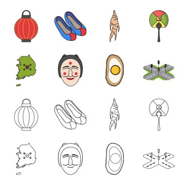 Bir bayrak, Korece maske, bir ulusal yumurta yemek, bir kavşağa trafik ışıkları ile devletin bir harita. Güney Kore çizgi film, anahat stili vektör simge stok çizim web simgeler ayarla.