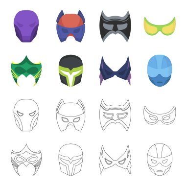 Baş ve gözler maske. Süper kahraman maske simgeler çizgi film, anahat stili vektör simge stok çizim web ayarla..
