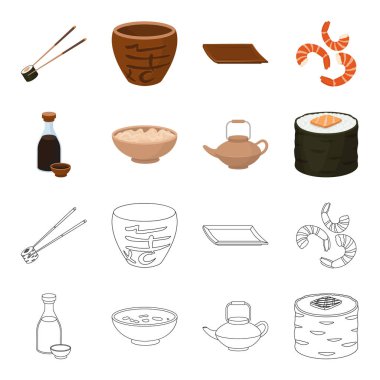 Soya sosu, erişte, kettle.rolls.Sushi çizgi film, anahat stili vektör simge stok çizim web simgeler ayarla.
