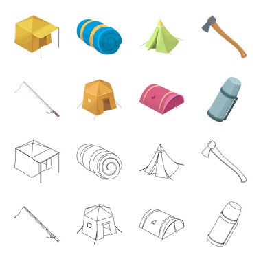 Balık tutma, çadır, termos için iplik. Çadır toplama simgeler çizgi film, anahat stili vektör simge stok çizim web ayarla..