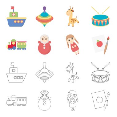 Train.kukla, resim. Oyuncak toplama simgeler çizgi film, anahat stili vektör simge stok çizim web ayarla..