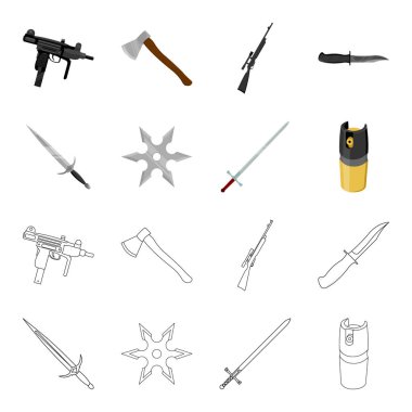 Kılıç, iki elle kılıç, gaz balon, shuriken. Silah toplama simgeler çizgi film, anahat stili vektör simge stok çizim web ayarla..