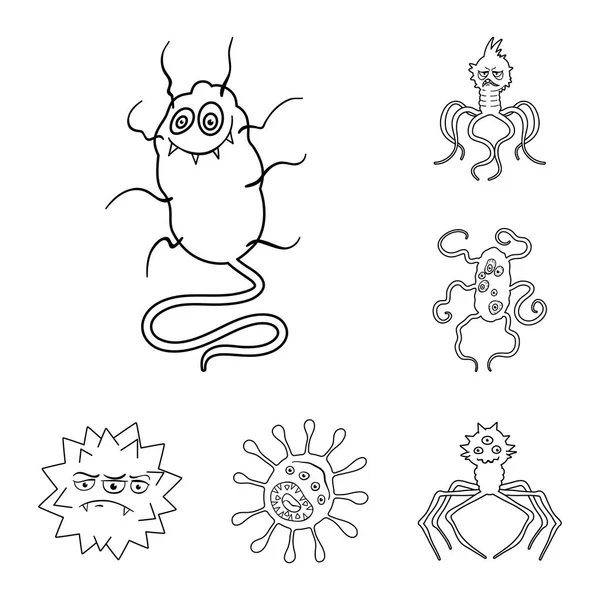 Rodzaje drobnoustrojów śmieszne zarys ikony w kolekcja zestaw do projektowania. Drobnoustroje chorobotwórcze symbol web czas ilustracja wektorowa. — Wektor stockowy