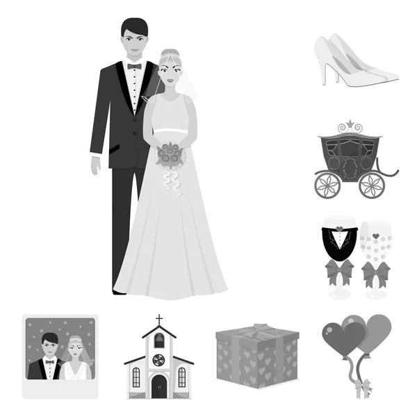 Boda y Atributos iconos monocromáticos en la colección de conjuntos para el diseño.Recién casados y accesorios vector símbolo stock web ilustración . — Archivo Imágenes Vectoriales