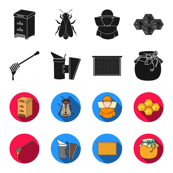 Een frame met een pollepel van honing, een fumigator van bijen, honingraten, een pot honing. Bijenteelt instellen collectie iconen in zwart, flet stijl vector symbool stock illustratie web. — Stockvector