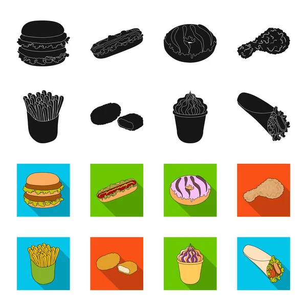 Food, refreshments, snacks and other web icon in black, flet style.Packaging, paper, potatoes icons in set collection . — стоковый вектор