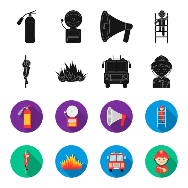 Pompiere, pompiere, camion dei pompieri. Set antincendio set icone di raccolta in nero, flet stile vettoriale simbolo stock illustrazione web . — Vettoriale Stock