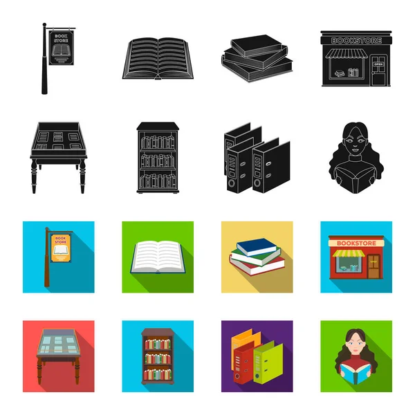 Libreria e libreria nere, icone flet in collezione set per il design. Libri e arredi vettoriale simbolo stock web illustrazione . — Vettoriale Stock
