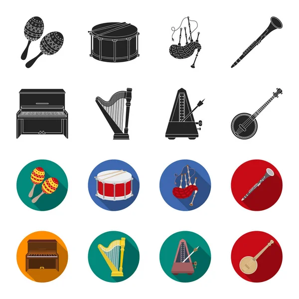 Banjo, pianoforte, arpa, metronomo. Strumenti musicali set icone di raccolta in nero, flet style vector symbol stock illustration web . — Vettoriale Stock