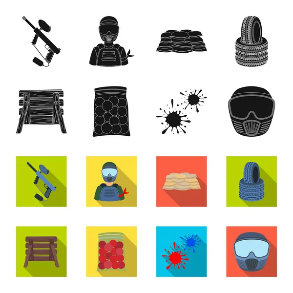 Houten barricade, beschermend masker en andere accessoires. Paintball één pictogram in web zwart, flet stijl vector symbool stock illustratie. — Stockvector