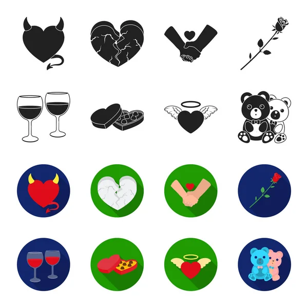 Vasos con vino, corazones de chocolate, osos, valentine.Romantik conjunto de iconos de la colección en negro, flet estilo vector símbolo stock ilustración web . — Vector de stock
